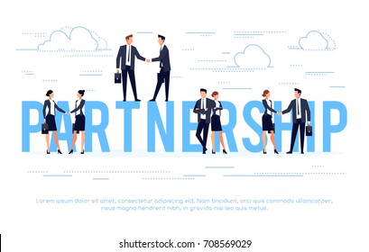 Partnership. Business concept in a flat style with businessmen shake hands. Vector illustration.