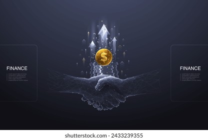 Partnership and business deal. Abstract digital handshake, golden dollar coin, and growth arrows up on technology dark background. Two partners and money. 3D polygonal wireframe vector illustration. svg
