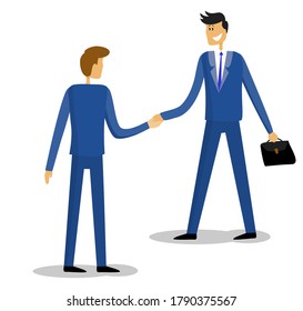 Partnership business. Male Handshake. Two men shaking hands make a finance deal or contract. Meeting, negotiations. Investor and entrepreneur have come to an agreement. Isolated on white background.