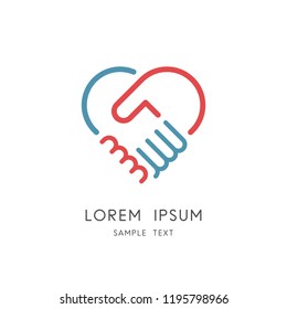 Partnership business outline logo - two hands make a deal and heart symbol. Handshake, cooperation and teamwork, love and relationship vector icon.