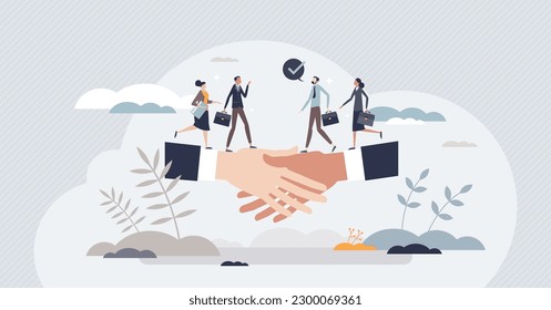 Partnership and business partners deal or agreement tiny person concept. Successful company collaboration with cooperation or teamwork vector illustration. Union with trust and professional relations