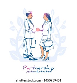 Partnership business people. Handshake man and women. Vector illustration sketch design. Isolated on background. Symbol of successful deal. Businesswomen and businessman. Concept agreement contract.