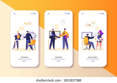 Partnership, business, teamwork, relations in collective mobile app page onboard screen set. People sign and conclude contracts, shake hands, discuss projects and company growth. Flat, cartoon, vector svg