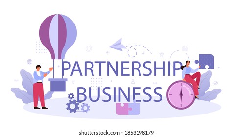 Encabezado tipográfico de trabajo en equipo de negocios de asociación. Idea de cooperación empresarial. Ganancia comercial y crecimiento financiero. Ilustración vectorial plana aislada