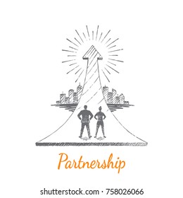 Partnership. A businessman and a businesswoman are standing on a big arrow. The arrow in the form of a springboard is directed to the city. Vector illustration, business concept, hand drawn sketch.