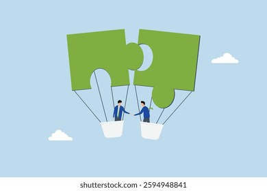 Partnership, businessman handshake on link puzzle balloon. 