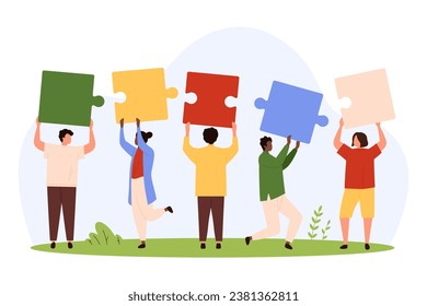 Partnership, challenge and success work solution of employees team vector illustration. Cartoon tiny people holding puzzle pieces together, building corporate support, cooperation and teamwork