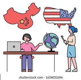 Partnership with China, USA and chinese relation in trade. Man and woman working on market. Male in hotline wearing headset sitting by laptop talking to clients. Line art characters, vector in flat