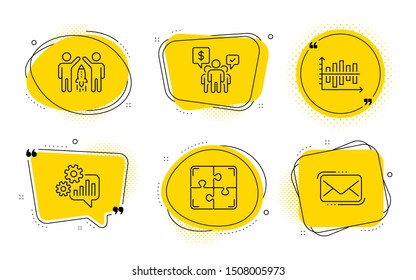 Partnership, Cogwheel and Messenger mail signs. Chat bubbles. Diagram chart, Teamwork and Puzzle line icons set. Presentation graph, Employees chat, Engineering strategy. Business startup. Vector