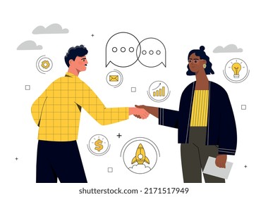 Partnership and collaboration concept. Young business man and woman make deal or agreement and shake hands. Business people discussing startup. Successful teamwork. Cartoon flat vector illustration