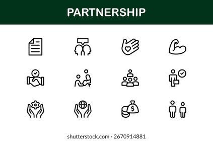 Iconos de colaboración y colaboración – Símbolos de Vector de contorno lineal plano de apretón de manos, Acuerdo, trabajo en equipo, alianza comercial, contrato, paquete limpio mínimo para App y Sitios web