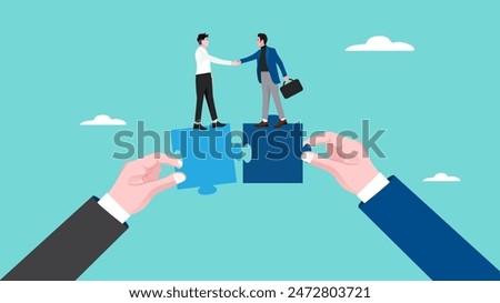 partnership or collaboration to success, teamwork to solve jigsaw puzzle, agreement with corporate, business people shaking hands to connect puzzles together concept vector illustration