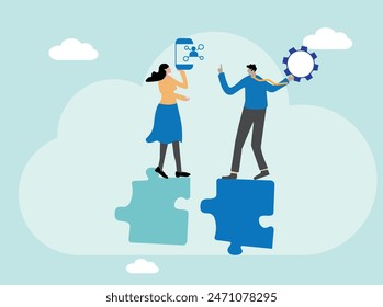 Partnership, collaboration or teamwork success concept, solve puzzle together, agreement, businessman and businesswoman solution to win.