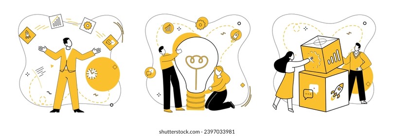 Partnerschaft Zusammenarbeit, Vektorgrafik. Lösungen durch strategisches Brainstorming, Verbesserung der Unternehmensleistung Die partnerschaftliche Zusammenarbeit verbindet das Tapisserie-Geschäft metaphorisch