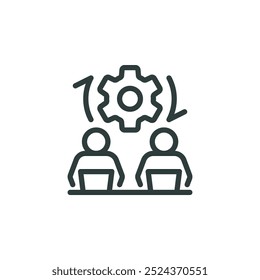 Comunidad de asociación, capacitación de equipos, icono de esquema de desarrollo de trabajo en equipo. Grupo de signos de línea de dos personas con un equipo. Pictogramas aislados de Vector para Web y App sobre fondo blanco.