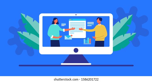 partnership concept, agreement of parties. business handshake via laptop. vector illustration in a flat style hand shake, signing documents. conclusion of the transaction. the opening of a new startup