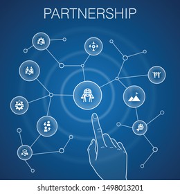 Partnership concept, blue background.collaboration, trust, deal, cooperation icons
