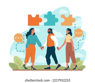 Concepto de asociación. Colaboración y trabajo en equipo. Cooperación de personajes de Office para desarrollo de negocios adicional. Idea de un coworking exitoso. Ilustración vectorial plana