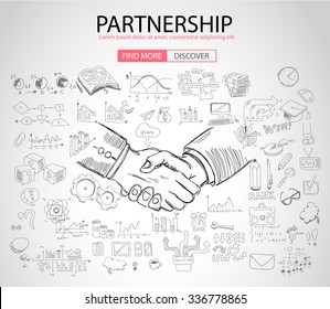 PartnerShip concept  with Doodle design style :finding solution, brainstorming, creative thinking. Modern style illustration for web banners, brochure and flyers.
