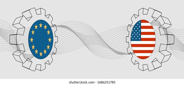Partnership concept. European Union and USA association. Gears textured by flag