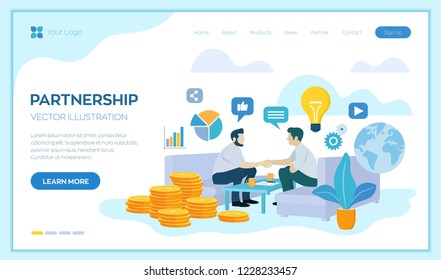 Partnership Concept. Financing of creative projects. Handshake of two business men. Agreement of parties. Signing documents. The investor holds money in ideas. Business team. Vector illustration.