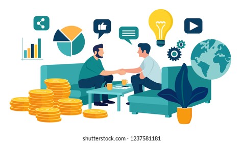Partnership Concept. Financing of creative projects. Handshake of two business men. Agreement of parties. Signing documents. The investor holds money in ideas. Business team. Vector illustration.