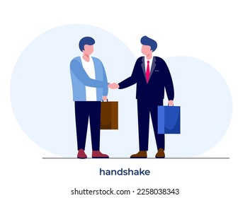 Partnership Concept. Financing of creative projects. Handshake of two business men. Agreement of parties. Signing documents. The investor holds money in ideas. Business team. Vector illustration.