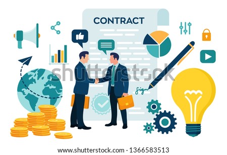 Partnership Concept. Financing of creative projects. Handshake of two business men. Agreement of parties. Signing documents. The investor holds money in ideas. Business team. Vector illustration.