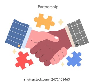 Partnerschaftskonzept Ein fester Händedruck, der Vertrauen und Zusammenarbeit bedeutet, mit Puzzleteilen, die passende Lösungen und Teamwork-Vektorillustration symbolisieren