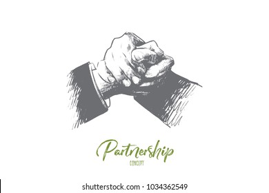 Partnership concept. Hand drawn friendly handshake between business partners. Handshaking as symbol of successful agreement isolated vector illustration.