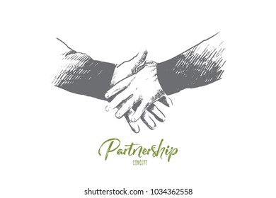 Partnership concept. Hand drawn handshake of two persons. Symbol of agreement, success deal isolated vector illustration.