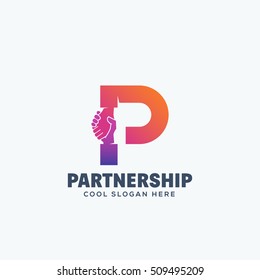 Partnership Concept. Hand Shake Incorporated in Letter P. Abstract Vector Emblem or Logo Template. Isolated.