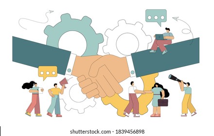 Partnership concept. Handshake. Escort signing a contract. Effective communication. Vector illustration isolated on white background.