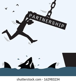 Partnership concept in help and survive each other, representing with crane lifting concrete iron to help and rescue business man from big trouble and problem. 