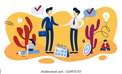 Partnership concept. Idea of teamwork and guidance. Professional leads workers to business success. Isolated flat vector illustration
