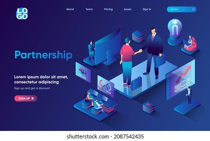 Partnership concept isometric landing page. Businessmen shake hands, conclude business deal and agreement of partners, 3d web banner template. Vector illustration with people scene in flat design