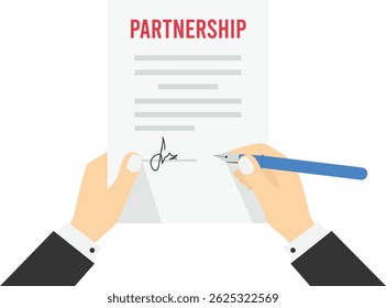 Partnership Concept. Man hold in hand clipboard agreement. Flat design, vector illustration on background. stock illustration


