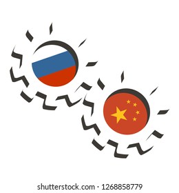 Partnership concept. Russia and China association. Gears textured by flag