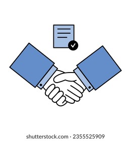 Partnership concept shaking hands and contract. Business People. Vector design in blue monocolor with outline.