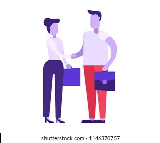 Partnership concept. Signing documents. Making a deal. Man and woman hand shake, meeting agreement of parties, team work, start up, hiring. Office worker, business. Corporate deal success. Flat vector