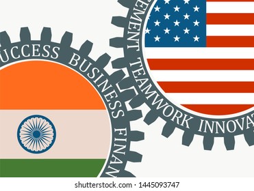 Partnership concept. USA and India association. Gears textured by flag. Business relative words on the mechanism of gears. Communication concept in industrial design.