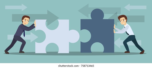 Partnership connection puzzle. Two businessmen pushing pieces together.