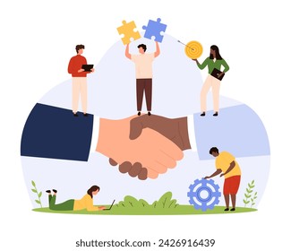 Partnership and cooperation of business people, signing contract, deal and agreement. Handshake of two business partners, tiny people holding target and puzzle pieces cartoon vector illustration