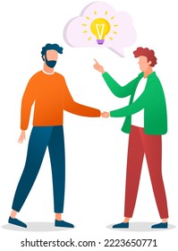 Konzept der Partnerschaft, der Zusammenarbeit. Männer zittern nach Unterzeichnung des Vertrags. Treffen von Partnern oder Freunden für neue Ideen, kreative Lösung. Männliche Kollegen schließen Geschäft, diskutieren über Start