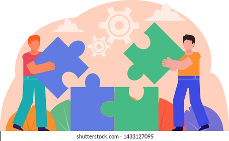 Partnership, cooperation, teamwork. Two men combine big puzzle bricks together. Poster for social media, banner, web design, presentation. Flat design vector illustration