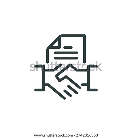 Partnership deal, conclusion agreement thin outline icon. Minimalist line sign two hands in hand shake and paper contract. Vector isolated pictogram perfect for web app or infographic editable stroke.