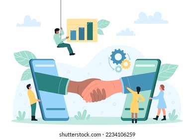 Partnership and deal, handshake of business people vector illustration. Cartoon partners from screen of mobile phones shake hands, tiny people holding finance graph to work with company contract