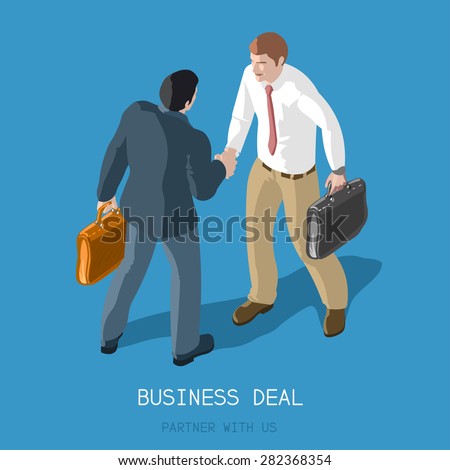 Partnership Deal Handshake  Succeed Flat 3d Isometric Concept Two Businessmen Shaking Hands Formal Agreement Infographic Partner with Us 