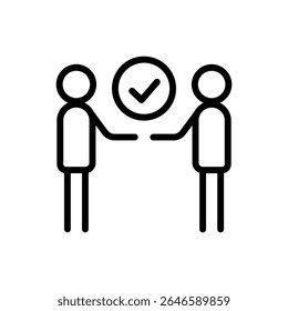 Ícone da linha de negociação de parceria. Aperto de mão entre duas pessoas com marca de seleção. Acordo, pictograma de verificação do contrato. Ilustração do vetor de cooperação entre empresas e confiança. Reunião de investidores