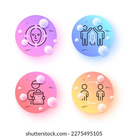La asociación, el descuento de entrega y Face detectan iconos de línea mínimos. botones de esferas o bolas 3d. Iconos de flujo de trabajo. Para web, aplicación, impresión. Inicio de negocio, Courier, Seleccionar destino. Vector